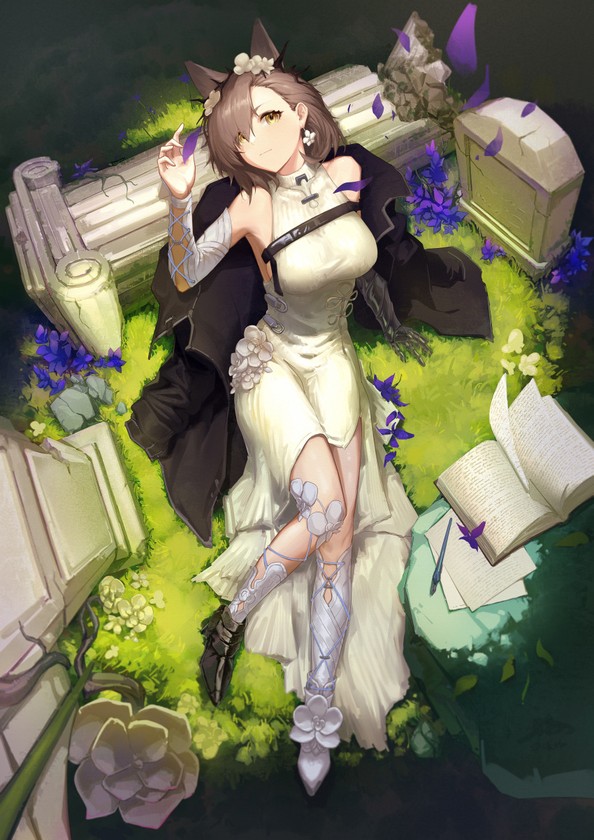 absurdres animal_ears arknights arm_up bare_shoulders black_coat book broken brown_hair chinese_commentary closed_mouth coat column commentary crown_of_thorns dress earrings eyes_visible_through_hair falling_petals female flower flower_earrings full_body gauntlets grass hair_over_one_eye highres jewelry knees_together_feet_apart light_smile long_dress medium_hair official_alternate_costume on_grass on_ground open_book penance_(arknights) penance_(scribing)_(arknights) petals pillar plant purple_flower single_gauntlet sleeveless sleeveless_dress solo tendai_no_karasu tombstone white_dress white_flower wind yellow_eyes