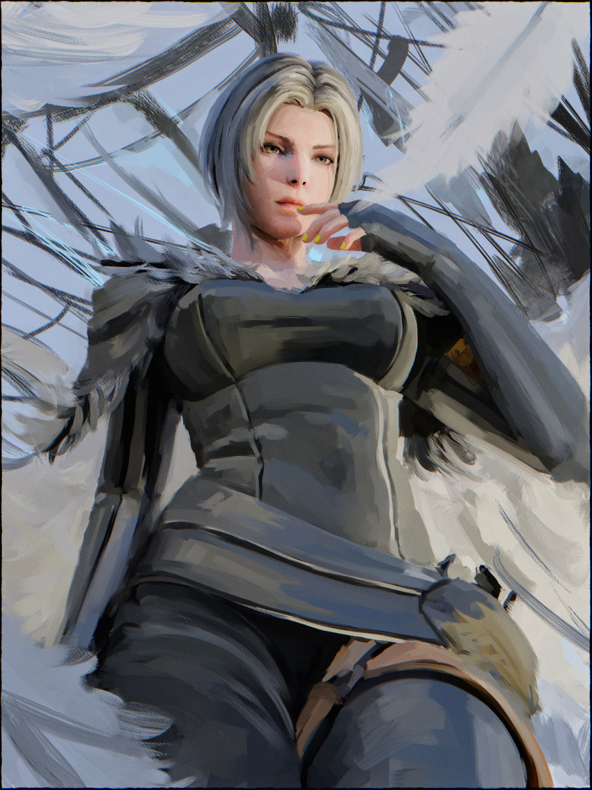 belt benedikta_harman blonde_female blonde_hair clothed_female clothing feathers final_fantasy final_fantasy_xvi form_fitting hand_to_own_mouth large_breasts looking_at_viewer malphier medium_hair wide_hips