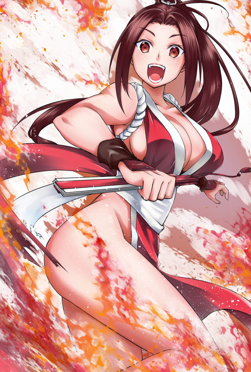 ass breasts brown_eyes brown_hair cleavage commentary_request fatal_fury female fire folding_fan hand_fan highres holding holding_fan japanese_clothes keke_(user_zech7732) large_breasts open_mouth pelvic_curtain ponytail shiranui_mai sideboob smile solo