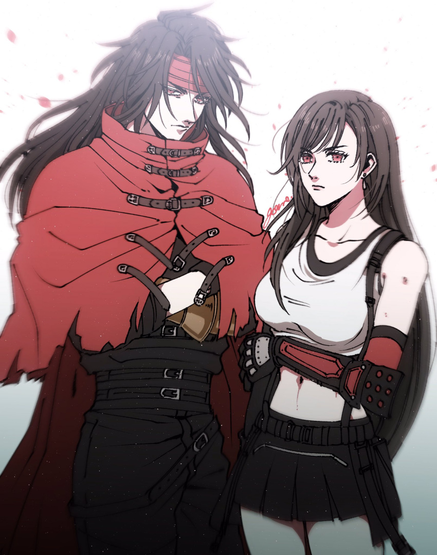 1boy bare_shoulders belt belt_buckle black_gloves black_hair black_pants black_skirt breasts buckle cape cloak closed_mouth collarbone commentary_request cowboy_shot crop_top crossed_arms earrings elbow_gloves female final_fantasy final_fantasy_vii final_fantasy_vii_rebirth final_fantasy_vii_remake gauntlets girisyanoneko gloves gradient_background hair_behind_ear hand_on_own_arm headband height_difference highres jewelry large_breasts long_hair looking_at_viewer midriff miniskirt multiple_belts navel pants red_cape red_cloak red_eyes red_headband serious single_arm_guard single_earring single_gauntlet skirt tank_top tifa_lockhart vincent_valentine white_tank_top