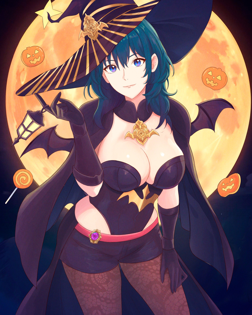 absurdres alternate_costume bat_wings black_gloves blue_eyes blue_hair breasts brooch byleth_(female)_(fire_emblem) byleth_(fire_emblem) capelet cleavage female fire_emblem fire_emblem:_three_houses full_moon gloves hat highres holding holding_lantern jewelry lantern large_breasts looking_at_viewer medium_breasts moon pantyhose pantyhose_under_shorts short_shorts shorts smile solo truejekart wings witch_hat