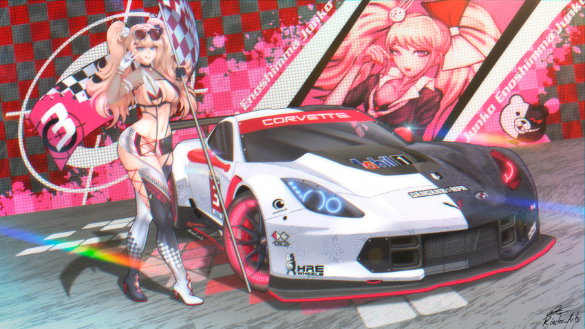 asymmetrical_footwear black_footwear black_shrug blue_eyes boots breasts car cat_hair_ornament character_name checkered_flag chevrolet chevrolet_corvette chevrolet_corvette_c7 chromatic_aberration cleavage commission danganronpa:_trigger_happy_havoc danganronpa_(series) english_commentary enoshima_junko eyewear_on_head female flag gloves hair_ornament high_heel_boots high_heels holding holding_flag imrinzlergtz_art imsa_sportscar_championship medium_breasts miniskirt mismatched_footwear mobil1 monokuma motor_vehicle navel pixiv_commission race_queen race_vehicle racecar shadow shrug_(clothing) skirt sling_bikini_top solo sunglasses thigh_boots twintails v vehicle_focus walking white_footwear white_gloves wide_hips