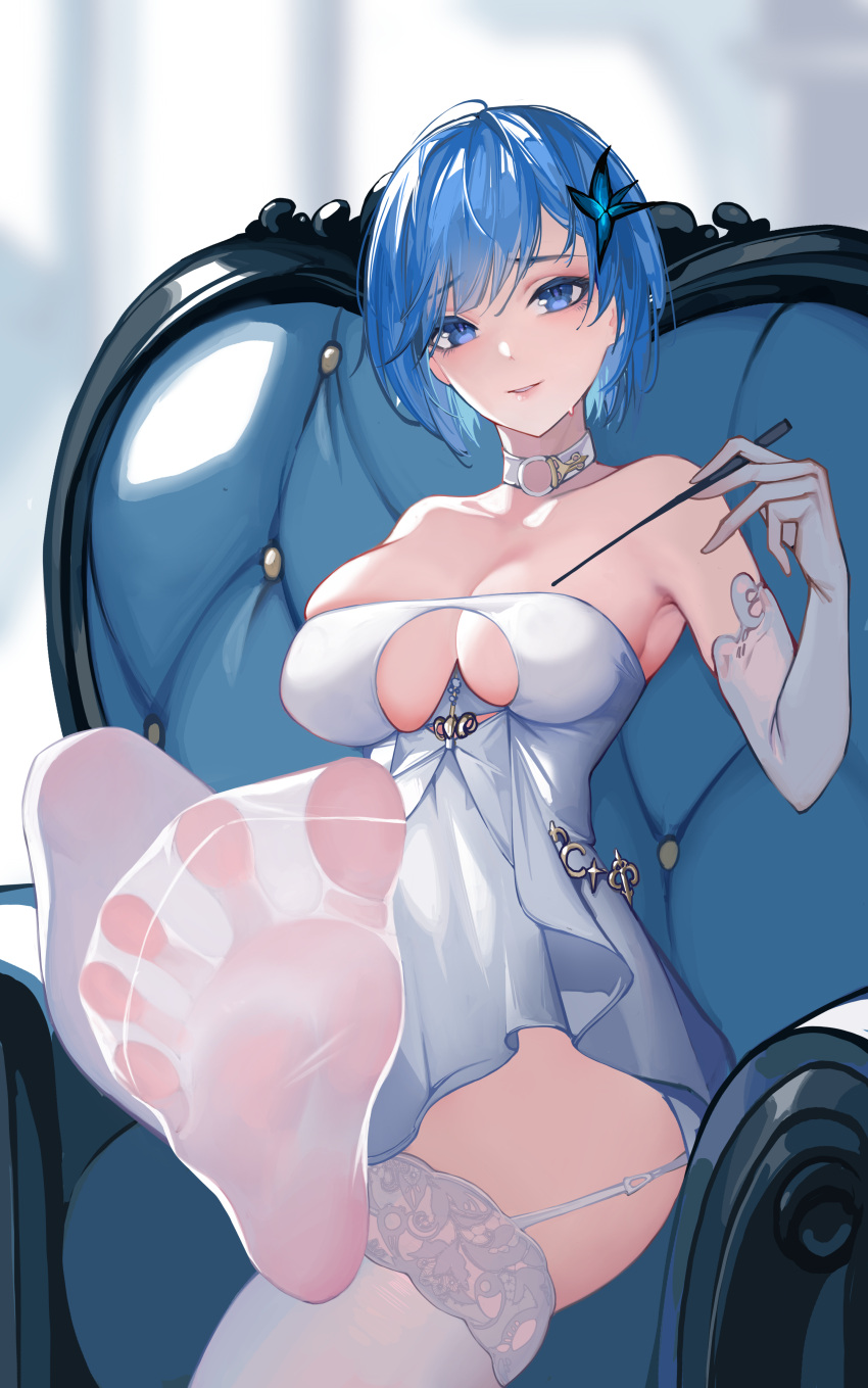 absurdres azur_lane bare_shoulders blue_eyes blue_flower blue_hair breasts chair chapayev_(azur_lane) chapayev_(melody_of_the_white_cavalier)_(azur_lane) choker collarbone conductor_baton dress elbow_gloves feet female flower foot_focus garter_straps gloves hair_flower hair_ornament highres holding_baton lace-trimmed_thighhighs lace_trim looking_at_viewer medium_breasts o-ring o-ring_choker official_alternate_costume presenting_foot short_hair sitting skindentation solo strapless strapless_dress thighhighs white_choker white_dress white_garter_straps white_gloves white_thighhighs yaoshan_shi