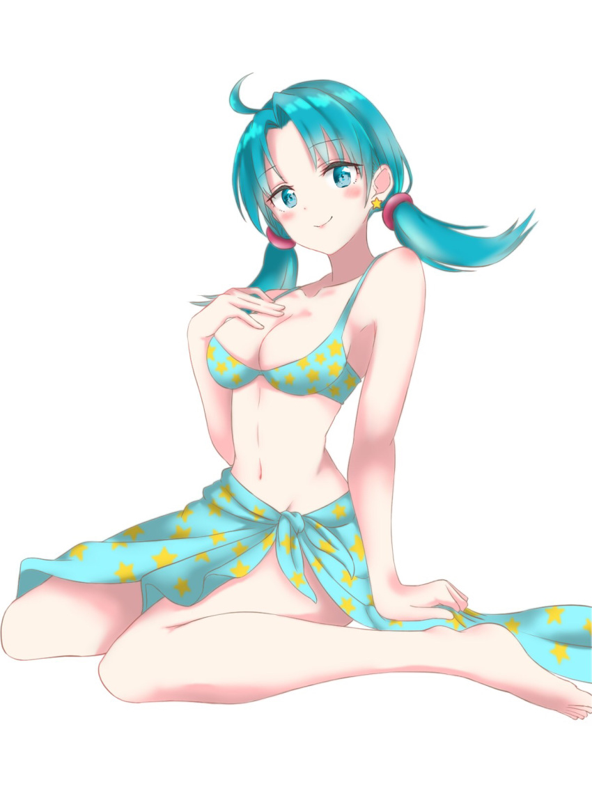 ahoge alternate_costume batta-1225 blue_eyes blue_hair blue_sarong blush breast_suppress breasts cleavage closed_mouth collarbone commentary_request earrings female hand_on_own_chest highres jewelry kris_(pokemon) long_hair looking_at_viewer medium_breasts navel partial_commentary pokemon pokemon_adventures sarong simple_background sitting smile solo star_(symbol) star_earrings swimsuit twintails wariza white_background