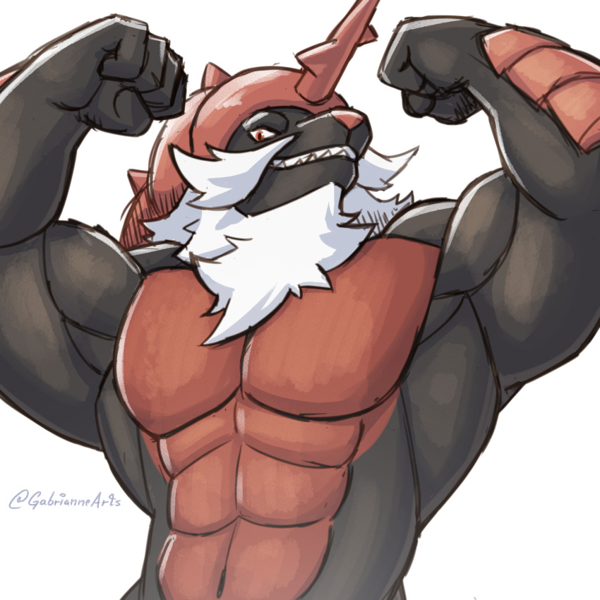 2023 5_fingers abs anthro anthrofied beard biceps black_body black_fur colored facial_hair fingers fur gabrianne generation_5_pokemon hi_res humanoid_hands male muscular muscular_anthro muscular_male nintendo pecs pokemon pokemon_(species) red_body red_eyes red_fur red_nose samurott shell signature white_beard white_facial_hair