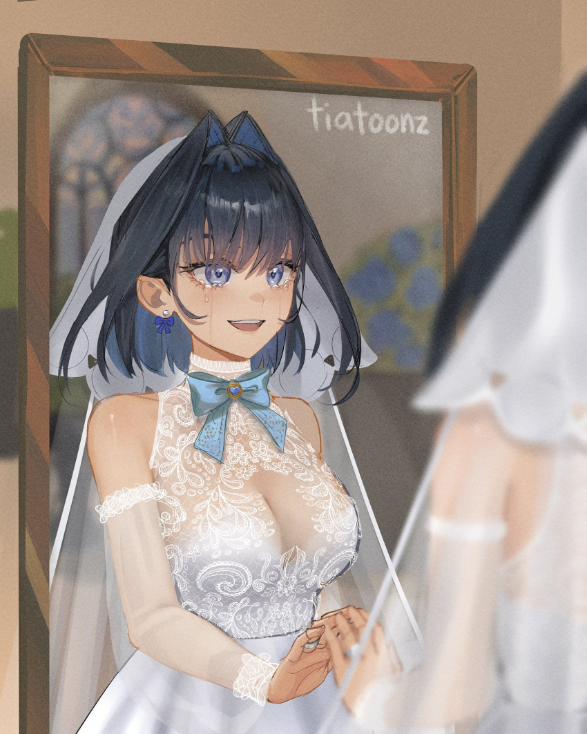 alternate_costume artist_name black_hair blue_bow blue_bowtie blue_eyes blue_gemstone blue_hair blurry blurry_foreground bow bow_earrings bowtie breasts bridal_veil cleavage colored_inner_hair commentary crying crying_with_eyes_open detached_sleeves dress earrings english_commentary female film_grain gem hair_between_eyes hair_intakes halter_dress halterneck happy_tears heart-shaped_gem highres hololive hololive_english jewelry large_breasts looking_at_mirror mirror multicolored_hair open_mouth ouro_kronii reflection reflection_focus see-through_cleavage see-through_clothes see-through_sleeves short_hair sleeveless sleeveless_dress smile tears teeth tiatoonz tongue two-tone_hair upper_body upper_teeth_only veil wedding_dress white_dress