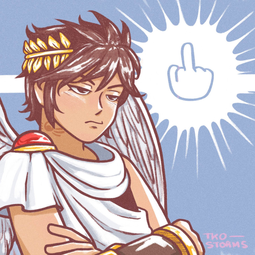 ancient_greek_clothes angel angel_wings annoyed artist_name bracer brown_eyes brown_hair brown_outline chiton closed_mouth crossed_arms emoji feathered_wings greco-roman_clothes highres image_in_thought_bubble kid_icarus kid_icarus_uprising laurel_crown lower_eyelashes_only male_focus middle_finger_emoji neck_tattoo outline pit_(kid_icarus) spiked_hair tattoo thinking_emoji thought_bubble tko-storms v-shaped_eyebrows white_wings wings