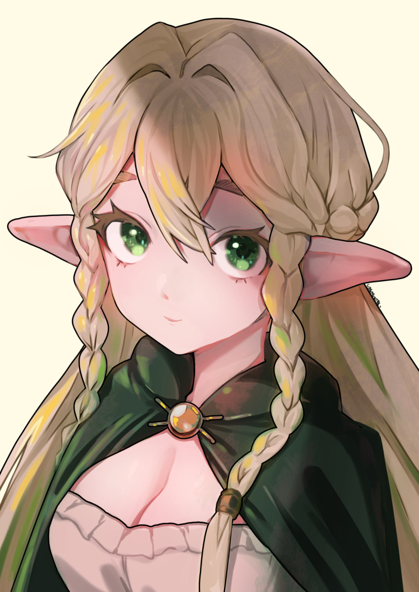 blonde_hair braid breasts cape cleavage clip_studio_paint_(medium) closed_mouth commentary_request elf eltolinde_(unicorn_overlord) eudetenis female green_cape green_eyes hair_between_eyes hair_intakes highres leotard light_smile long_hair looking_at_viewer medium_breasts pointy_ears simple_background smile solo twin_braids unicorn_overlord white_background white_leotard