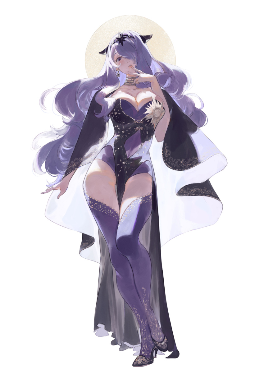 ai-wa black_footwear breasts camilla_(fire_emblem) cleavage commentary dress earrings english_commentary female fire_emblem fire_emblem_fates full_body hair_over_one_eye hand_to_own_mouth high_heels highres jewelry large_breasts long_hair looking_at_viewer purple_dress purple_eyes purple_hair purple_thighhighs solo thighhighs wavy_hair