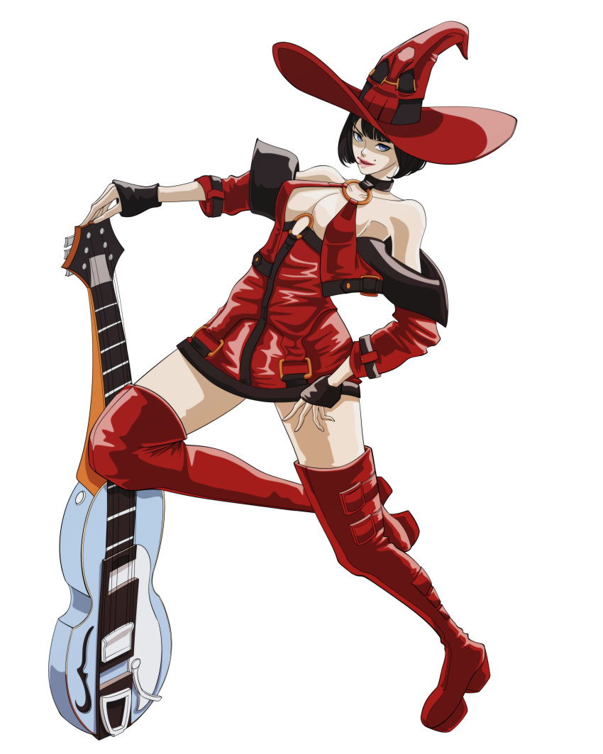 absurdres bare_shoulders black_choker black_gloves black_hair boots breasts choker cleavage electric_guitar female fingerless_gloves gloves guilty_gear guilty_gear_xrd guitar hat highres i-no instrument large_breasts leather looking_at_viewer mole mole_above_mouth nagaomono o-ring o-ring_top red_footwear red_hat red_leather red_lips short_hair solo thigh_boots witch_hat