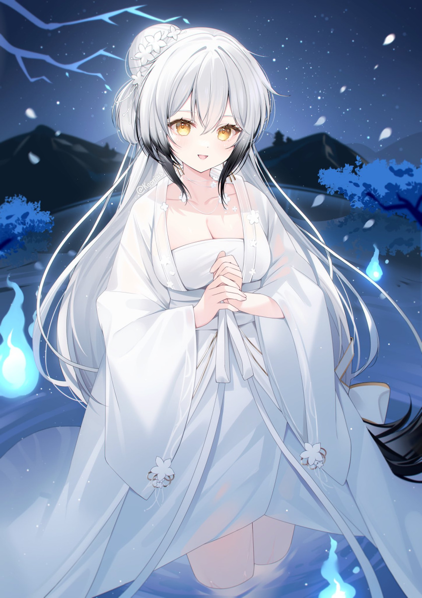 azur_lane blue_fire breasts chinese_clothes cleavage collarbone dress female fire flower gradient_hair grey_hair hai_tien_(autumn_night_of_wandering_spirits)_(azur_lane) hai_tien_(azur_lane) hair_bun hair_flower hair_ornament highres ice_(ice) lake large_breasts long_dress long_hair long_sleeves looking_at_viewer mountain multicolored_hair night official_alternate_costume open_mouth solo star_(sky) very_long_hair wading white_dress white_flower white_hair wide_sleeves yellow_eyes