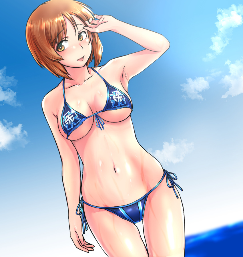 bikini blue_sky breasts brown_eyes cloud day dutch_angle emblem female front-tie_bikini_top front-tie_top girls_und_panzer highres kabutowari looking_at_viewer medium_breasts nishizumi_miho ooarai_(emblem) outdoors short_hair side-tie_bikini_bottom sky solo standing swimsuit thigh_gap