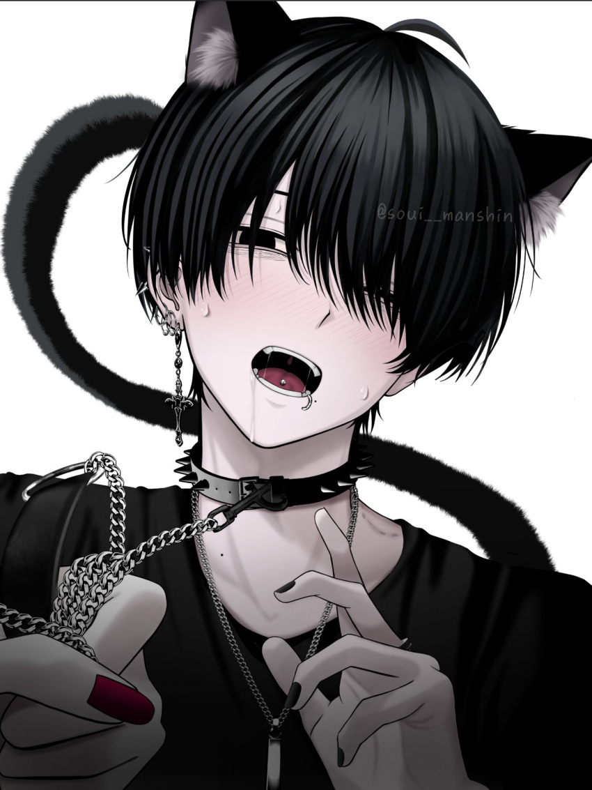 1boy animal_ear_fluff animal_ears black_hair black_nails black_shirt blush cat_boy cat_ears cat_tail collar commentary cross cross_earrings ear_piercing earrings fangs female femdom hair_between_eyes hair_over_one_eye highres holding holding_leash jewelry leash lip_piercing looking_at_viewer male_focus necklace nose_blush oerba_yun_fang one_eye_closed open_mouth original pale_skin piercing pov pov_hands red_nails saliva shirt simple_background single_earring solo_focus soui_manshin spiked_collar spikes sweat symbol-only_commentary tail tongue tongue_piercing twitter_username upper_body white_background