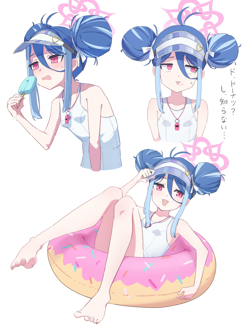 absurdres antenna_hair blue_archive double_bun doughnut_innertube female fubuki_(blue_archive) fubuki_(swimsuit)_(blue_archive) hair_bun halo highres innertube isuka_(isuka_83) one- one-piece_swimsuit piece_swimsuit pink_halo solo swim_ring swimsuit translation_request visor_cap whistle whistle_around_neck white_one-piece_swimsuit