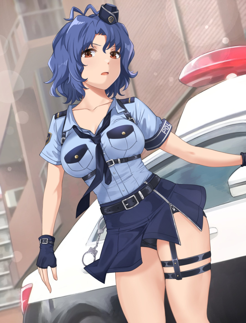 antenna_hair armband belt belt_buckle bike_shorts_under_skirt black_belt black_shorts blue_armband blue_gloves blue_hair blue_hat blue_necktie blue_shirt blue_skirt breast_pocket breasts brown_eyes buckle building car chest_harness cleavage collarbone concept_police_(idolmaster) cowboy_shot cuffs dot_nose female fingerless_gloves forehead garrison_cap garter_straps gloves hanamasa_ono handcuffs harness hat highres idolmaster idolmaster_million_live! idolmaster_million_live!_theater_days large_breasts looking_at_viewer loose_necktie motor_vehicle necktie official_alternate_costume open_collar open_mouth outdoors parted_bangs pocket police_car shirt short_hair short_sleeves shorts shoulder_boards skirt solo standing thigh_strap tilted_headwear toyokawa_fuka wavy_hair zipper zipper_pull_tab