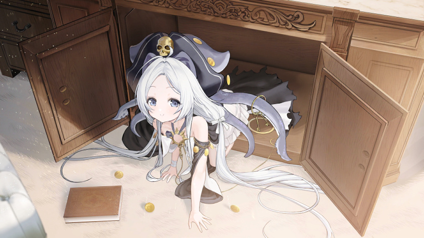 azur_lane black_coat book carving chains closet coat coin detached_sleeves dolphin_(azur_lane) female game_cg gold_chain gold_necklace hat highres jewelry key light_smile necklace non-web_source official_art pirate_hat skull solo table tentacle_hair under_the_table white_hair