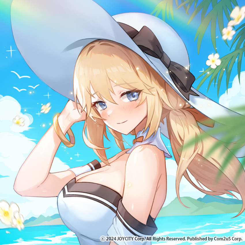 apple_caramel arm_behind_head arm_up bangle bare_shoulders black_bow blonde_hair blue_eyes blue_sky blush bow bracelet breasts character_request cleavage closed_mouth cloud commentary_request day dress female flower from_side hair_between_eyes hat hat_bow highres jewelry korean_commentary long_hair medium_breasts official_art outdoors sky smile solo starseed:_asnia_trigger strapless strapless_dress sun_hat water white_dress white_flower white_hat