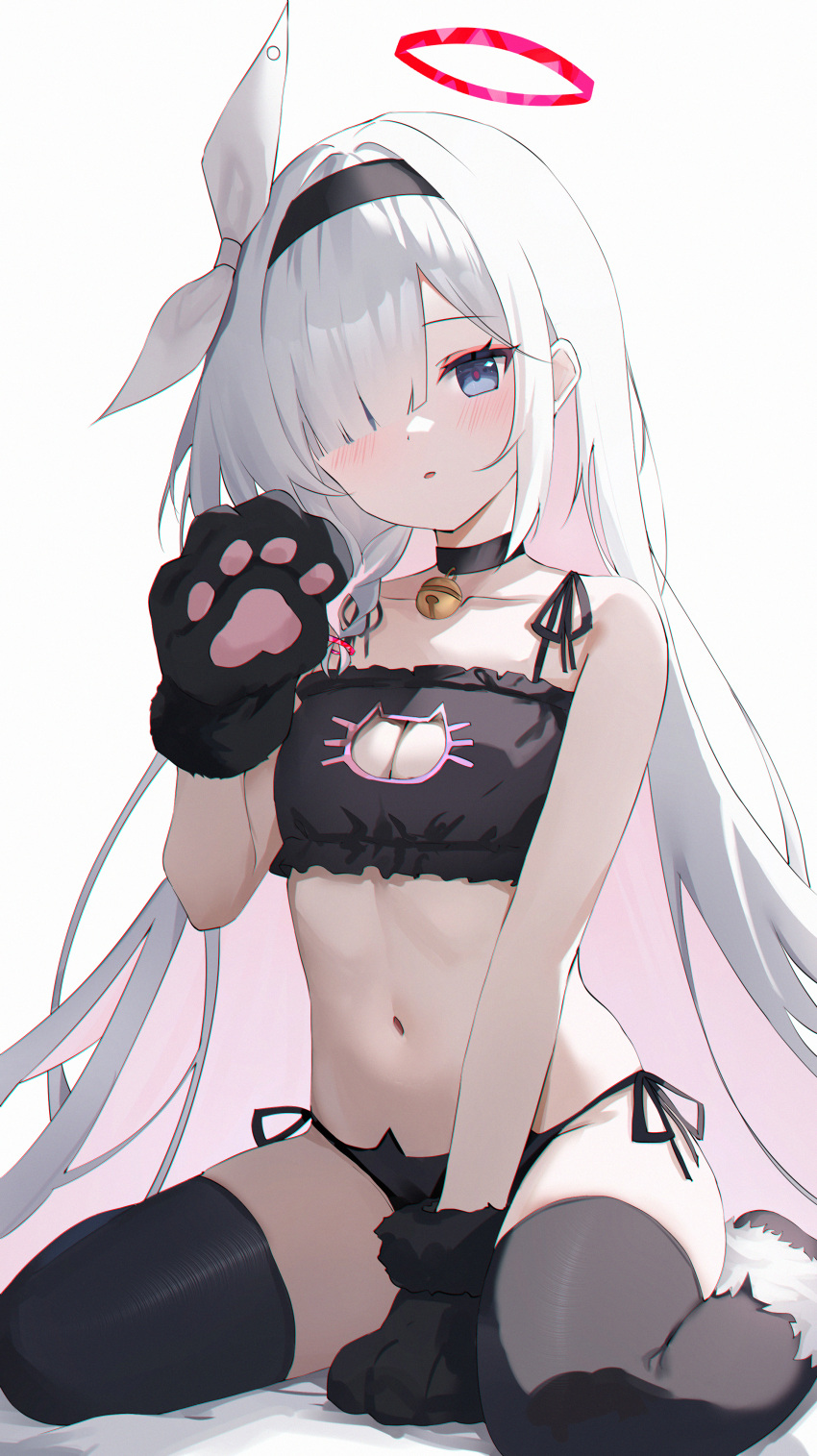 absurdres animal_hands between_legs black_bra black_choker black_eyes black_panties black_thighhighs blue_archive blush bra breasts cat_lingerie choker female gloves hair_over_one_eye halo hand_between_legs highres looking_at_viewer meme_attire navel panties paw_gloves plana_(blue_archive) red_halo side-tie_panties simple_background sitting small_breasts solo thighhighs underwear usagi_(786113654) wariza white_background