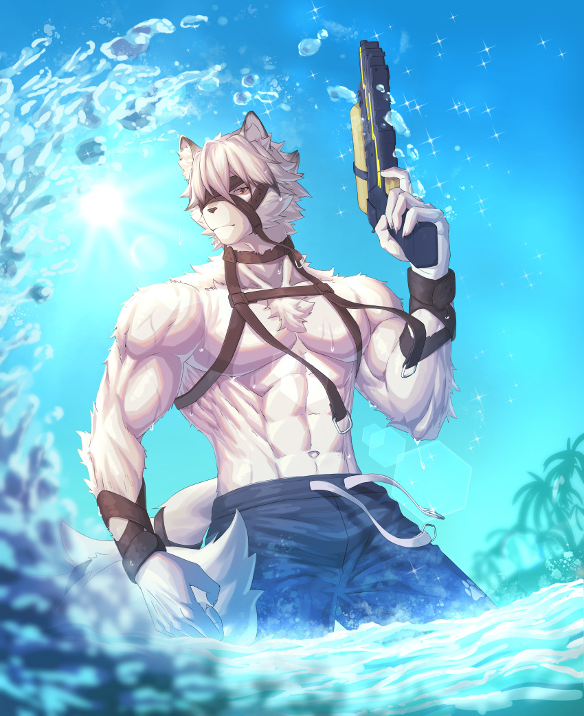 1boy abs absurdres animal_ears bara blue_pants blue_sky chest_harness claws clear_sky colored_tips diffraction_spikes english_commentary eyepatch furry furry_male harness highres holding holding_water_gun looking_at_viewer male_focus male_swimwear multicolored_hair muscular muscular_male navel ocean one_eye_covered palm_tree pants pectorals sky tail tail_belt tree von_lycaon water_gun waves wet wolf_boy wolf_ears wolf_tail yotchan-ika zenless_zone_zero