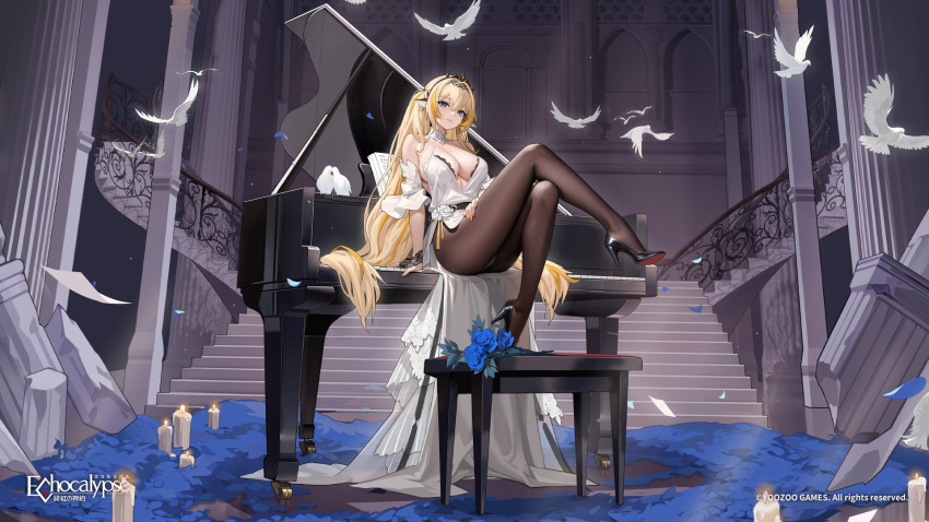 artist_request bird black_footwear blonde_hair blue_flower blue_petals blue_rose breasts candle copyright_notice crossed_legs dove dress echocalypse falling_petals female flower hair_ornament high_heels highres lace-trimmed_dress lace_trim logo long_hair ludmera_(echocalypse) official_art on_piano pantyhose petals rose second-party_source sheet_music solo stairs white_dress white_flower white_rose yellow_nails