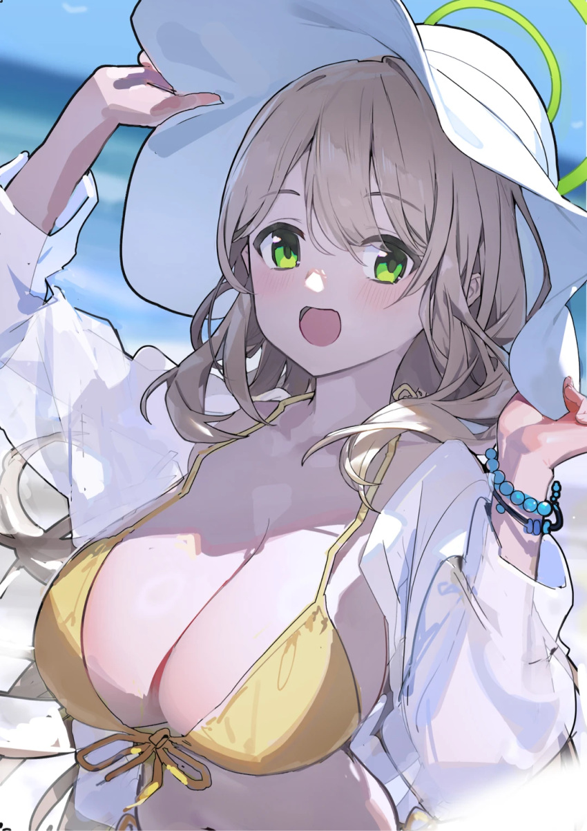 bikini blonde_hair blue_archive blue_sky bracelet breasts chinese_commentary commentary_request female green_eyes green_halo halo han-0v0 hat highres jewelry large_breasts long_hair looking_at_viewer nonomi_(blue_archive) nonomi_(swimsuit)_(blue_archive) official_alternate_costume open_clothes open_mouth open_shirt shirt sky solo stomach sun_hat swimsuit upper_body white_shirt yellow_bikini