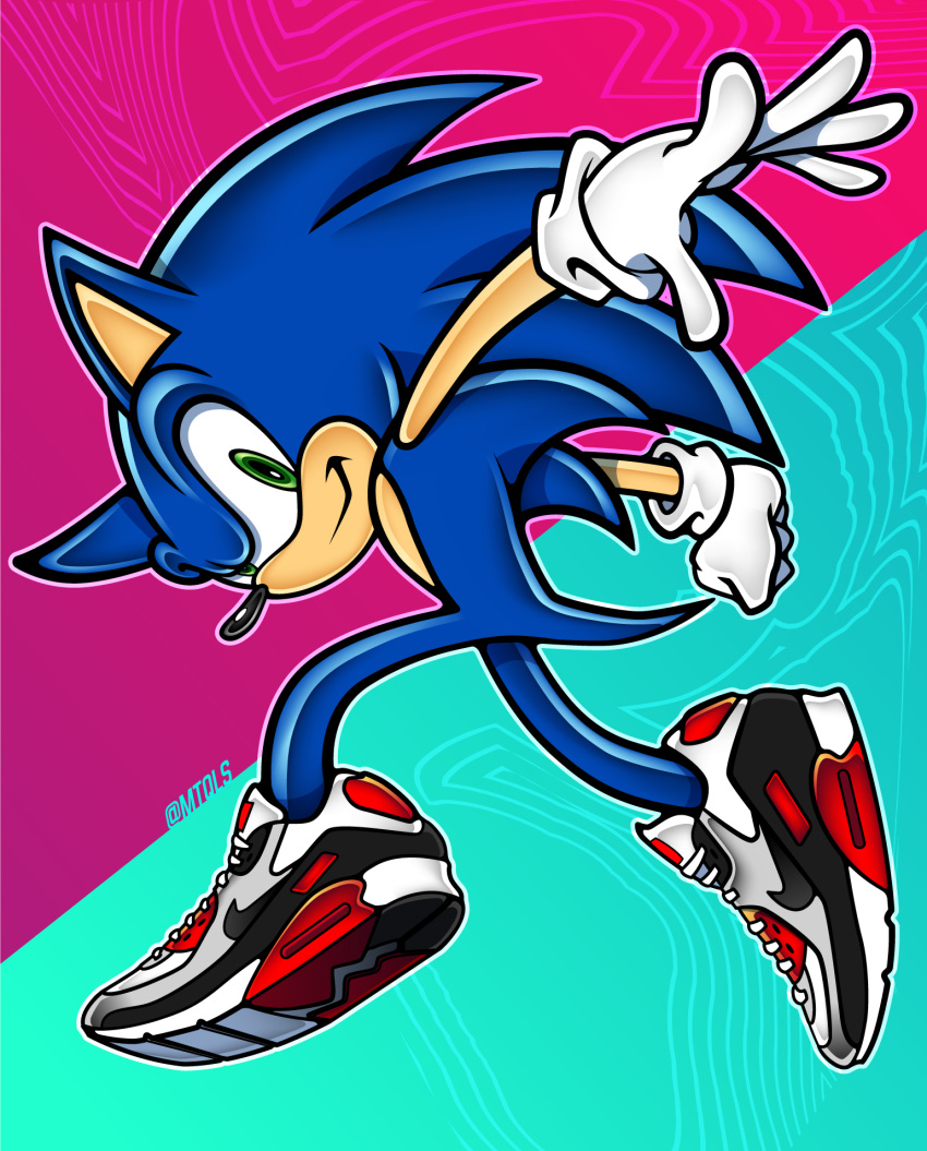 2019 abstract_background anthro artist_name blue_body clothing eulipotyphlan footwear full-length_portrait gloves goldhedgehog green_eyes handwear hedgehog hi_res looking_at_viewer male mammal on_model parody portrait pose sega shoes smile smiling_at_viewer sneakers solo sonic_adventure sonic_the_hedgehog sonic_the_hedgehog_(series) white_clothing white_gloves white_handwear