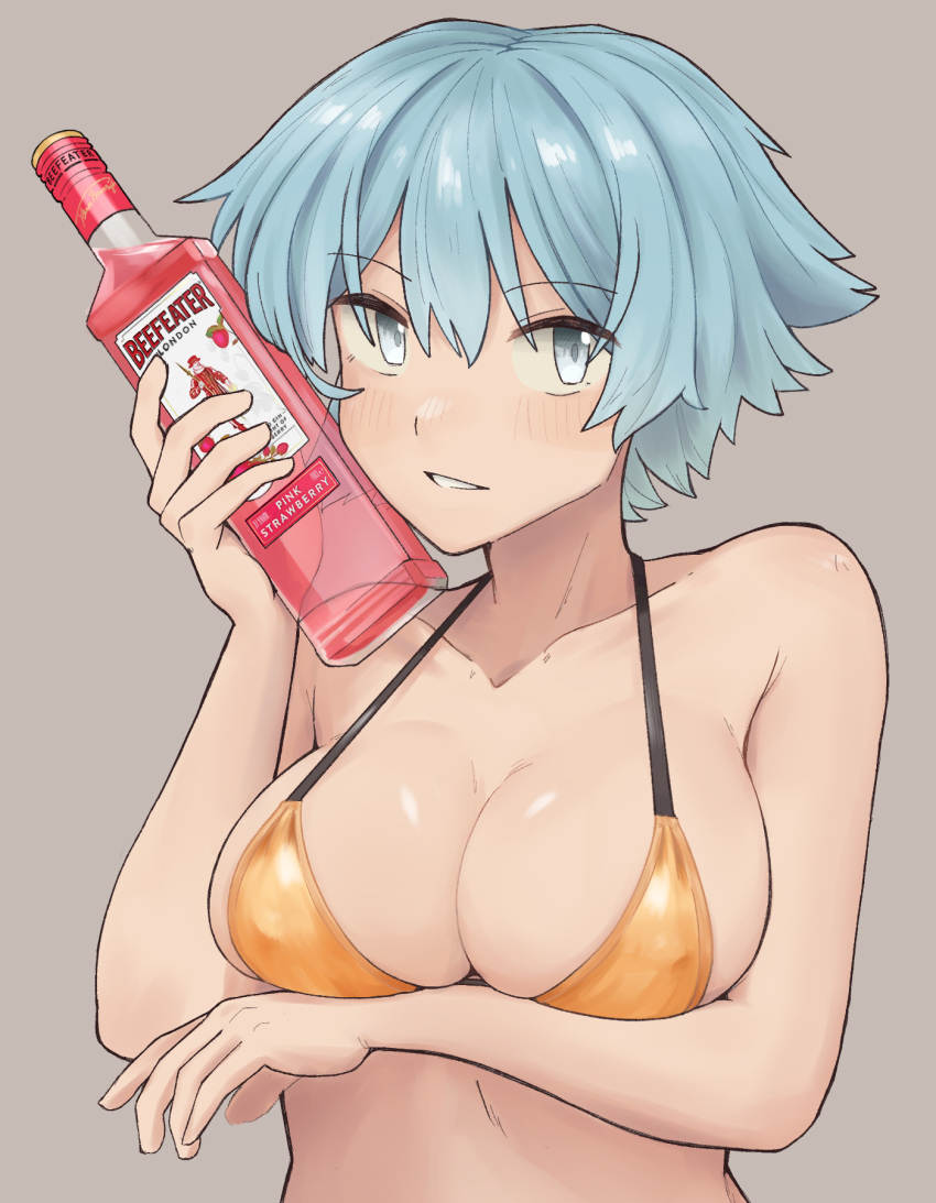 alcohol arm_under_breasts beefeater_gin bikini blue_eyes blue_hair blush bottle breasts cirno cirno_(cookie) commentary cookie_(touhou) female grey_background grin hair_between_eyes highres holding holding_bottle large_breasts looking_at_viewer oomiya_(nicoseiga96593860) short_hair simple_background smile solo swimsuit touhou upper_body yellow_bikini