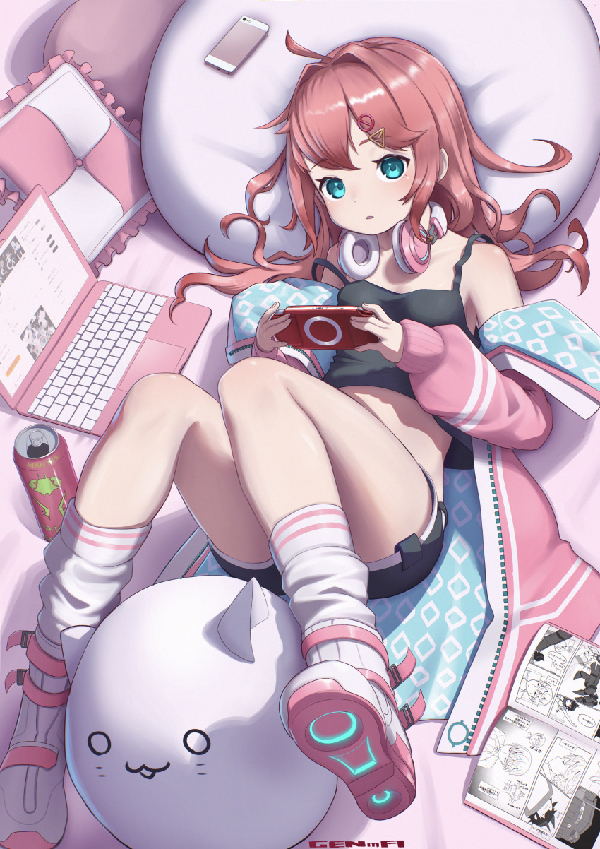 absurdres akemiya_genma artist_name bean_bag_chair black_camisole black_shorts blue_eyes boots breasts camisole can cellphone computer crop_top cushion female glowing hair_ornament handheld_game_console headphones headphones_around_neck highres jacket laptop long_hair looking_at_viewer manga_(object) off_shoulder original phone pink_hair pink_jacket playing_games playstation_portable short_shorts shorts small_breasts smartphone socks solo strap_slip white_footwear white_socks