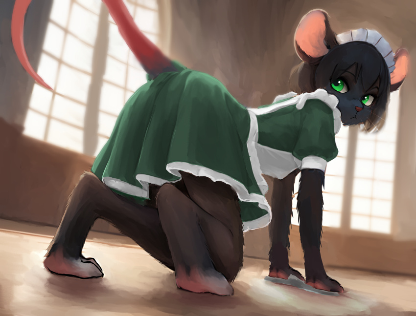 absurd_res all_fours anthro black_body black_fur clothing digitigrade dutch dutch_angle es female fur hi_res looking_at_viewer maid_apron maid_headdress maid_uniform mammal mouse murid murine mythrava rodent solo solo_focus uniform