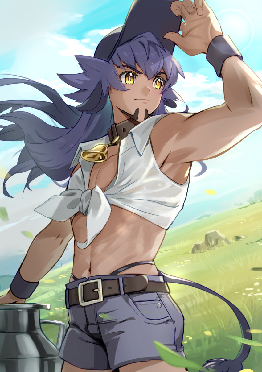 1boy absurdres alternate_costume arm_up bell belt black_hat bright_pupils closed_mouth cloud collar day facial_hair falling_leaves floating_hair grass grey_shorts hat highres leaf leon_(pokemon) long_hair looking_to_the_side male_focus midriff milk_churn navel neck_bell outdoors pokemon pokemon_swsh purple_hair rock shirt shorts sky smile solo tail tied_shirt white_shirt wristband yellow_eyes yunoru