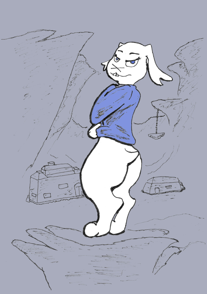 absurd_res anthro ass cave cave_story clothed clothing clothing_lift female genericpixelfox hi_res lagomorph leporid mammal pose rabbit shirt shirt_lift sue_sakamoto sweater topwear