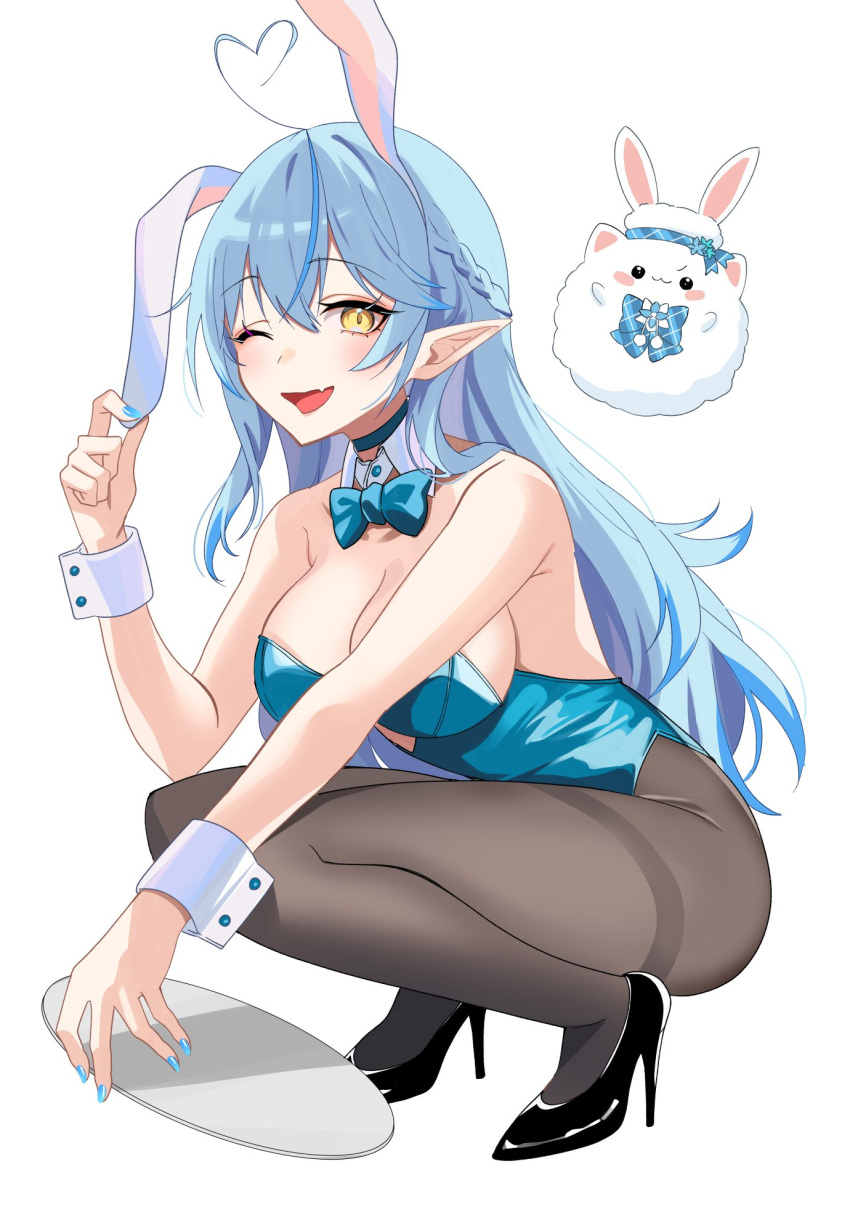 8nu4 ahoge animal_ears aqua_leotard asuna_(blue_archive) asuna_(blue_archive)_(cosplay) asuna_(bunny)_(blue_archive) black_footwear blue_archive blue_bow blue_bowtie blue_hair blue_leotard blue_nails blush bow bowtie braid breasts colored_tips cosplay detached_collar elf fake_animal_ears female hair_between_eyes hair_ornament heart heart_ahoge high_heels highleg highleg_leotard highres hololive large_breasts leotard long_hair looking_at_viewer multicolored_hair official_alternate_costume open_mouth pantyhose playboy_bunny pointy_ears rabbit_ears smile solo squatting strapless strapless_leotard streaked_hair thighband_pantyhose traditional_bowtie tray very_long_hair virtual_youtuber white_background wrist_cuffs yellow_eyes yukihana_lamy yukimin_(yukihana_lamy)