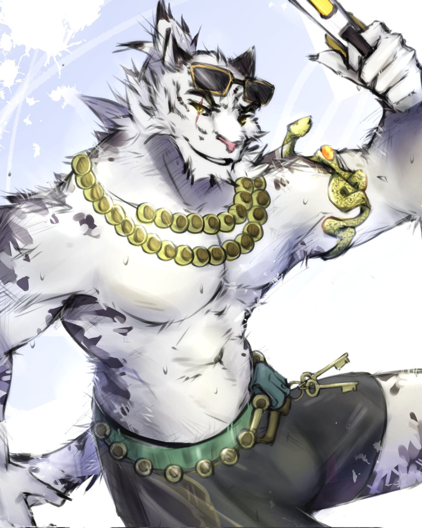 1boy abs animal_ears armlet black_male_underwear bulge dislyte english_commentary eyewear_on_head furry furry_male highres holding holding_water_gun jewelry jin_qiu_(ru_shou)_(dislyte) key looking_at_viewer male_focus male_underwear nadhilm necklace pectorals scar scar_across_eye scar_on_face smile sunglasses tail tiger_boy tiger_ears tiger_stripes tiger_tail topless_male underwear water_gun