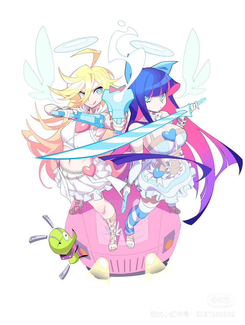 2girls absurdres ahoge blonde_hair blue_eyes blue_hair blue_nails breasts bright_pupils car chuck_(psg) colored_inner_hair dress dual_wielding gun halo high_heel_sandals high_heels highres holding holding_gun holding_sword holding_weapon katana large_breasts long_hair midriff motor_vehicle multicolored_hair multiple_girls navel on_car panty_&_stocking_with_garterbelt panty_(psg) pink_hair pink_nails skirt stocking_(psg) sword tlotro weapon white_pupils