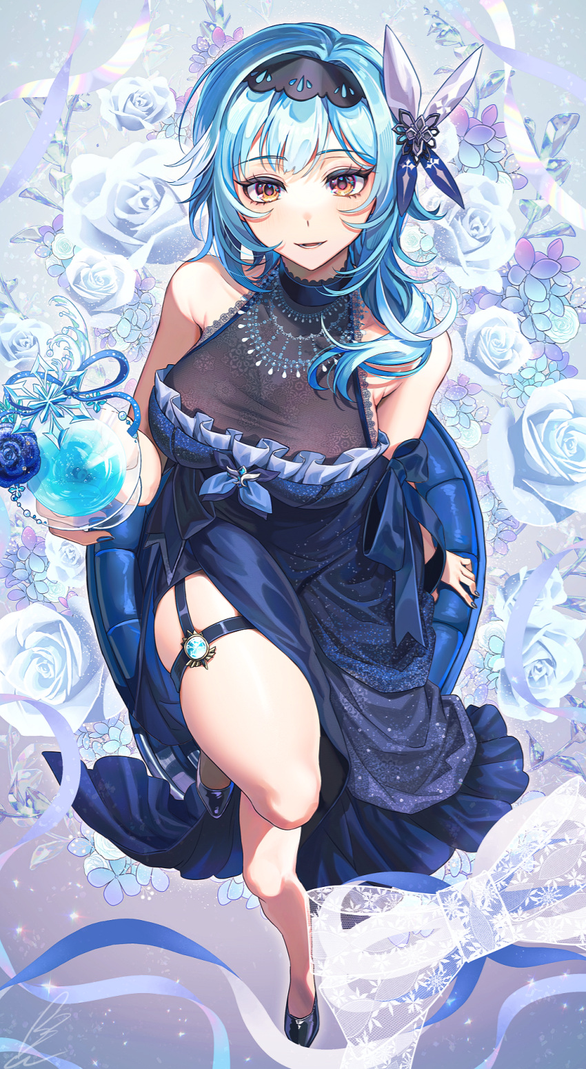 alternate_costume armpit_crease bare_shoulders black_footwear black_hairband blue_dress blue_hair blue_nails breasts cup dress eula_(genshin_impact) female floral_background flower from_above genshin_impact grey_background grey_flower grey_rose hair_ornament hairband highres holding holding_cup large_breasts looking_at_viewer medium_hair on_chair open_mouth rose shibuki_kamone side_slit sitting solo thigh_strap thighs vision_(genshin_impact) yellow_eyes