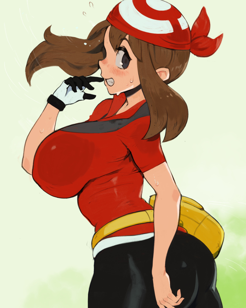 absurdres alternate_breast_size ass bandana bike_shorts black_gloves black_shorts blush breasts brown_hair chimjoljol_(cute_goblin) covered_nipples fanny_pack female gloves grey_eyes grin highres large_breasts may_(pokemon) medium_hair pokemon pokemon_rse red_bandana sagging_breasts shorts single_glove smile solo sweat