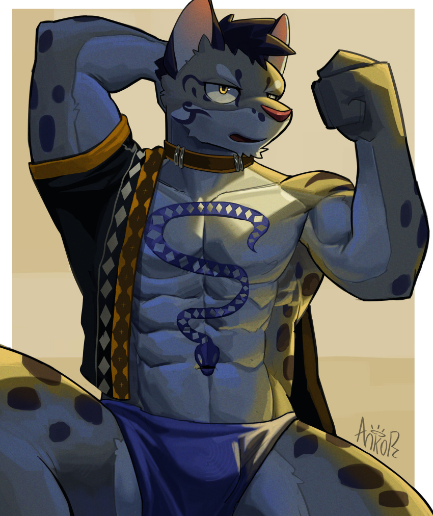 1boy abs absurdres animal_ears ankorthewolf arm_behind_head artist_name bara blue_male_underwear brown_collar brown_jacket chest_tattoo clenched_hand collar furry furry_male highres jacket leopard_boy leopard_ears likulau_(nekojishi) looking_at_viewer male_focus male_underwear mixed-language_commentary muscular muscular_male nekojishi open_mouth pectorals snake_tattoo stomach_tattoo tattoo underwear undressing yellow_eyes