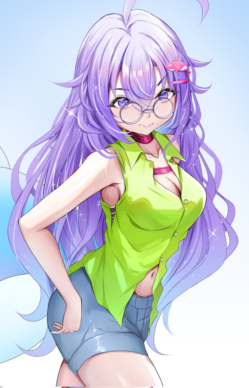 ahoge blue_shorts breasts buttons cetacean_tail chest_strap cleavage collar corrupted_twitter_file female fins fish_tail glasses green_shirt hair_ornament highres long_hair navel noir_akira original pink_collar purple_eyes purple_hair round_eyewear shirt shorts sleeveless sleeveless_shirt solo tail