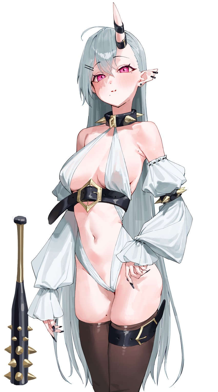 absurdres armpit_crease bare_shoulders baseball_bat belt black_collar black_nails breasts brown_thighhighs center_opening cleavage collar commission detached_sleeves earrings female grey_hair highres horn_ornament horn_ring horns jewelry long_hair long_sleeves looking_at_viewer medium_breasts mole mole_on_armpit mole_on_thigh mole_under_eye mole_under_mouth nail_polish navel original pink_eyes pointy_ears puffy_long_sleeves puffy_sleeves revealing_clothes simple_background single_horn skindentation solo spiked_bat spiked_collar spikes standing stomach thigh_belt thigh_strap thighhighs thighs uttatta very_long_hair white_background