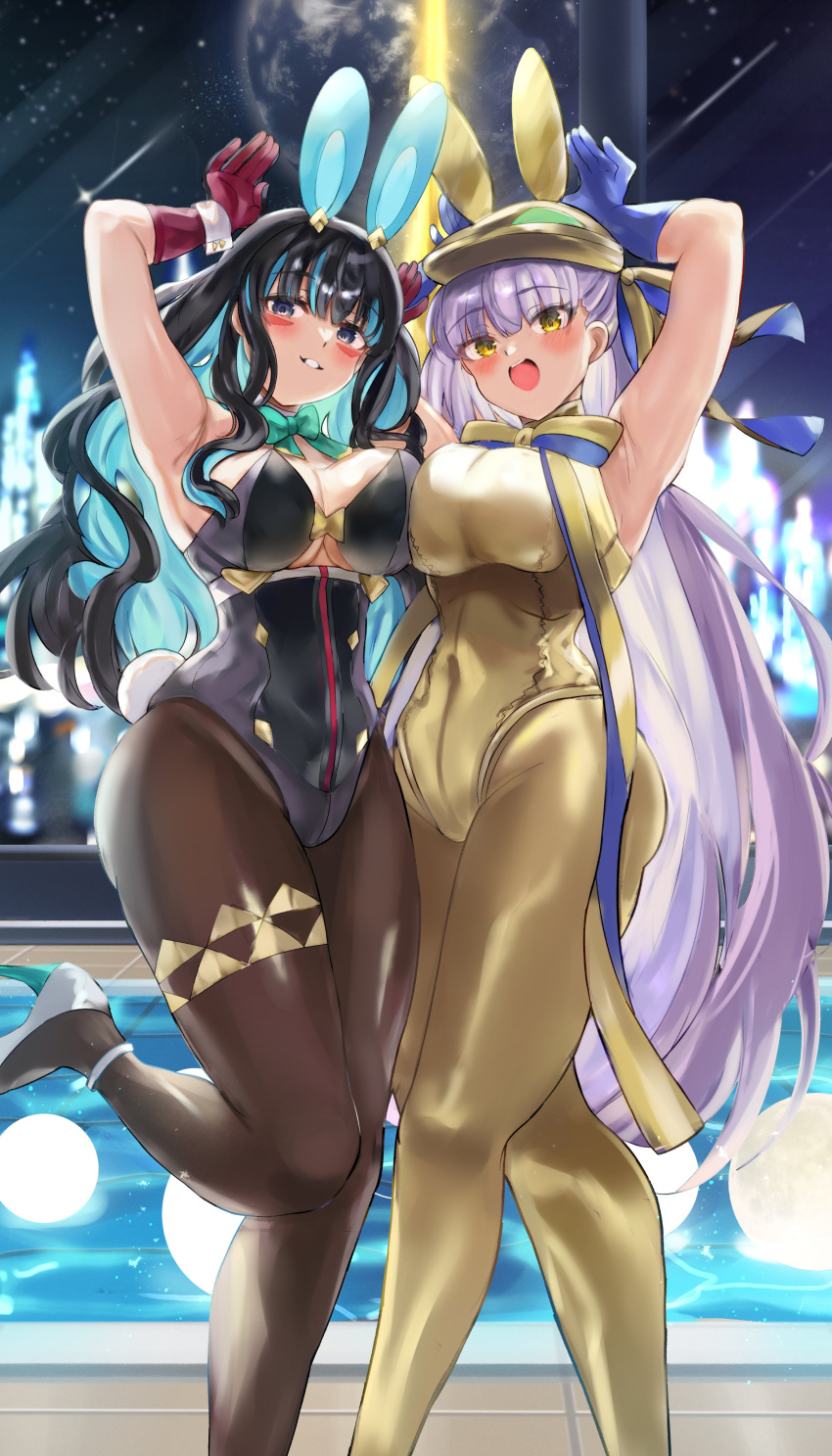 2girls absurdres animal_ears animal_hat armpits arms_up bare_shoulders bb_(fate) black_gloves black_hair black_leotard blue_gloves blue_hair blush bow bowtie breasts brown_pantyhose cleavage colored_inner_hair detached_collar elbow_gloves eyeliner fake_animal_ears fate/grand_order fate_(series) gloves gold_leotard gold_ribbon golden_bb_(fate) grey_eyes grin hair_ribbon hat highleg highleg_leotard highres klash large_breasts leotard long_hair looking_at_viewer makeup multicolored_hair multiple_girls neck_ribbon night night_sky open_mouth pantyhose playboy_bunny pool poolside purple_hair rabbit_ears rabbit_hat rabbit_tail red_gloves ribbon sidelocks sky smile tail tenochtitlan_(fate) tenochtitlan_(swimsuit_mooncancer)_(fate) tenochtitlan_(swimsuit_mooncancer)_(third_ascension)_(fate) very_long_hair wrist_cuffs yellow_eyes yellow_pantyhose