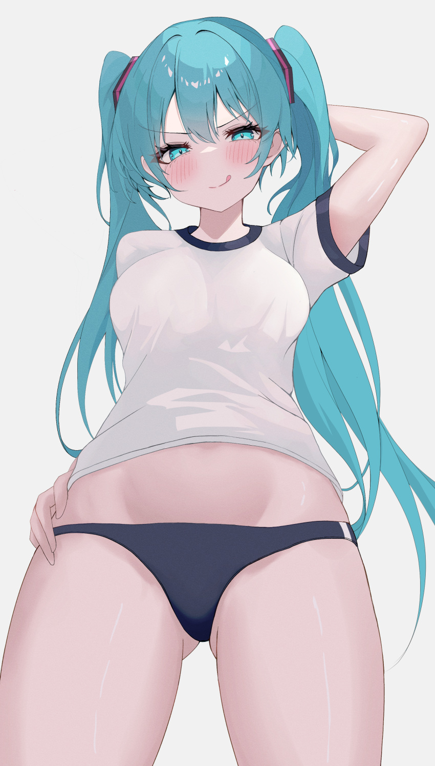 absurdres aqua_eyes aqua_hair arms_behind_head ass_visible_through_thighs blue_buruma blush breasts buruma cowboy_shot eikawa_suru female gym_uniform hand_on_own_hip hatsune_miku highres long_hair looking_at_viewer medium_breasts shirt short_sleeves simple_background smile solo tongue tongue_out twintails vocaloid white_background white_shirt