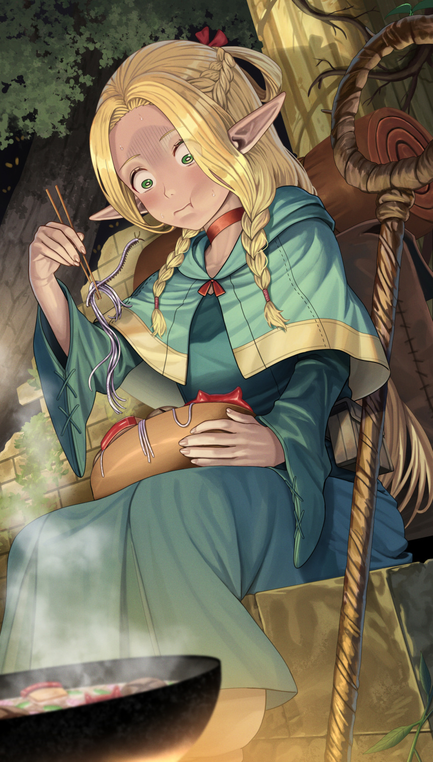 absurdres blonde_hair blue_capelet blue_robe bowl braid bug capelet choker chopsticks commentary cooking_pot dress dungeon_meshi eating elf female green_dress green_eyes highres holding holding_bowl holding_chopsticks hot_plate hotpot long_hair long_sleeves marcille_donato multiple_braids nabe pointy_ears red_choker robe silvertsuki sitting solo staff