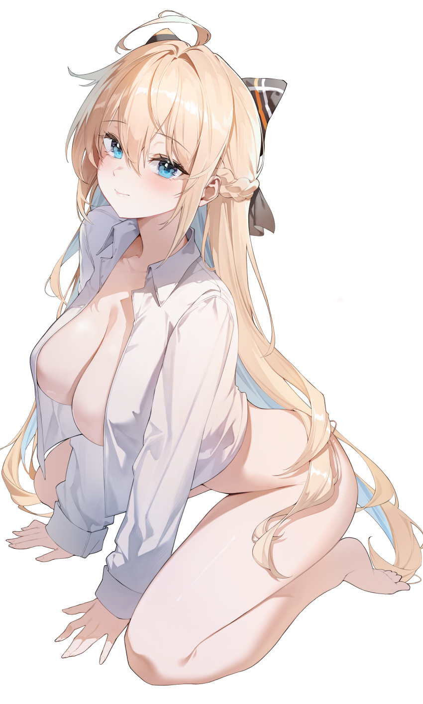 absurdres ahoge all_fours barefoot blonde_hair blue_eyes bow braid breasts chukibabo2 cleavage closed_mouth collared_shirt colored_inner_hair commission crop_top dress_shirt female hair_between_eyes hairbow highres large_breasts leaning_forward long_hair long_sleeves looking_at_viewer multicolored_hair naked_shirt open_clothes open_shirt original second-party_source shirt sidelocks simple_background smile solo sonya_(schan) thighs very_long_hair white_background white_shirt