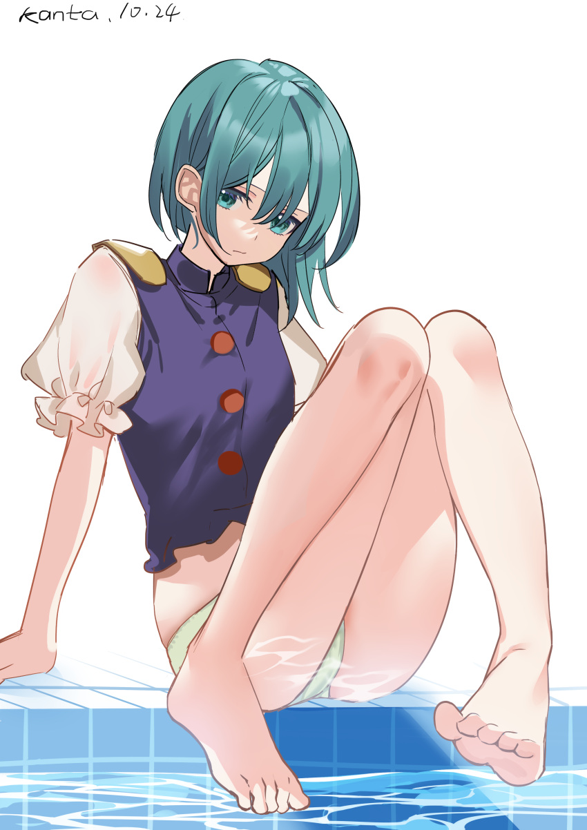 absurdres barefoot blue_vest epaulettes female frills green_eyes green_hair green_panties hair_between_eyes hat highres kanta_(pixiv9296614) knees_up looking_at_viewer no_pants panties poolside shiki_eiki shirt short_hair simple_background solo toes touhou underwear vest white_background