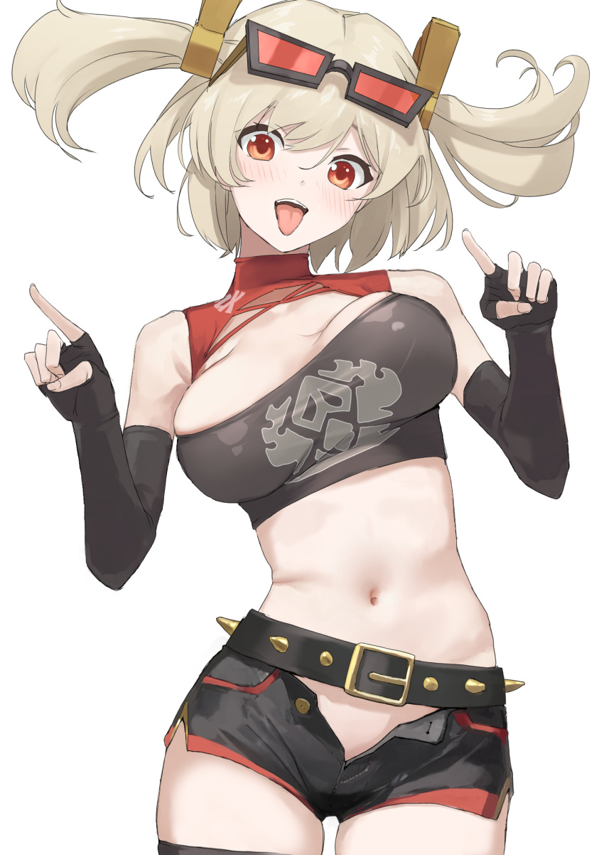 bare_shoulders belt black_belt black_gloves black_shorts black_tube_top blonde_hair blush bouncing_breasts breasts burnice_white cowboy_shot crop_top elbow_gloves eyewear_on_head female floating_hair gloves highres index_finger_raised large_breasts looking_at_viewer medium_hair midriff mitsuru_(uramitsuru1206) navel open_clothes open_fly open_mouth open_shorts red-tinted_eyewear red_eyes short_shorts shorts smile solo spiked_belt stomach strapless teeth tinted_eyewear tongue tongue_out tube_top unaligned_breasts upper_teeth_only white_background zenless_zone_zero