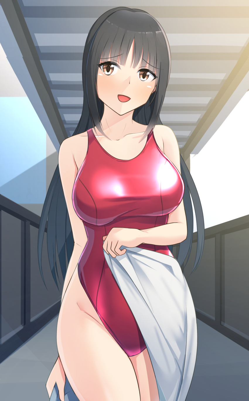 black_hair breasts brown_eyes commentary_request competition_swimsuit cowboy_shot female hallway highleg highleg_one-piece_swimsuit highres large_breasts long_hair looking_at_viewer one-piece_swimsuit open_mouth original red_one-piece_swimsuit smile solo swimsuit thames3 towel