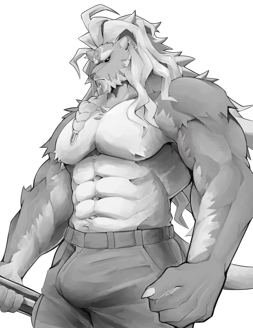 1boy abs animal_ears bara black_sclera braid bulge claws clenched_hands colored_sclera dislyte ear_piercing english_commentary furry furry_male greyscale highres holding holding_weapon javid_(shamash)_(dislyte) lion_boy lion_ears lion_mane lion_tail looking_at_viewer male_focus monochrome muscular muscular_male navel pectorals piercing profile tail topless_male weapon white_background yuku31897736