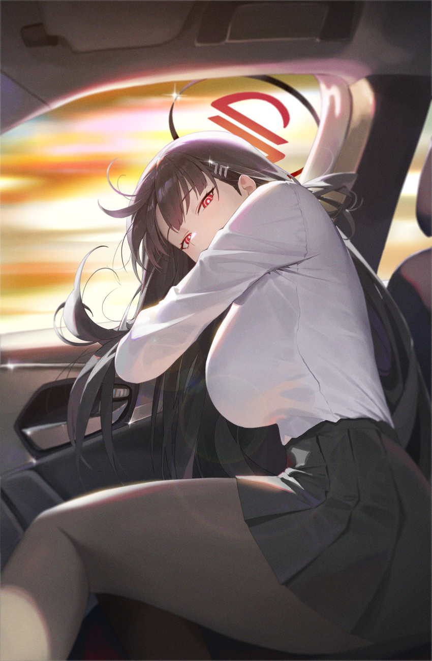 absurdres alraune ass black_hair black_pantyhose blue_archive car_interior female gmirror1 hair_ornament hairclip halo highres long_hair looking_at_viewer monster_girl pantyhose plant_girl pleated_skirt red_eyes ringed_eyes rio_(blue_archive) sitting skirt solo very_long_hair