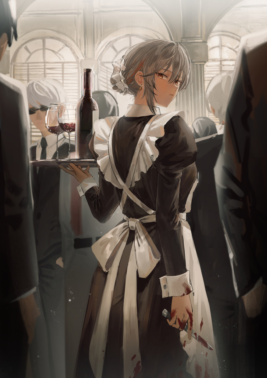 6+boys absurdres alcohol apron assassin black_dress black_jacket blood blood_on_clothes blood_on_hands blood_on_weapon bottle cup dress drinking_glass female from_behind grey_hair hair_between_eyes hair_bun highres jacket knife long_sleeves looking_back maid multiple_boys necktie original shiro_(siro_kuten) suit sunglasses tray weapon white_apron white_hair wine wine_bottle wine_glass