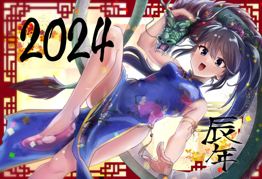 2024 :d absurdres aqua_eyes black_hair blue_dress breasts china_dress chinese_clothes chinese_zodiac commentary_request dragon dress dutch_angle female floral_print hair_between_eyes high_heels highres long_hair looking_at_viewer mashitono_desu medium_breasts open_mouth pelvic_curtain pink_footwear ponytail print_dress side_slit sidelocks sleeveless sleeveless_dress smile solo standing standing_on_one_leg thighs toji_no_miko yamashiro_yui year_of_the_dragon